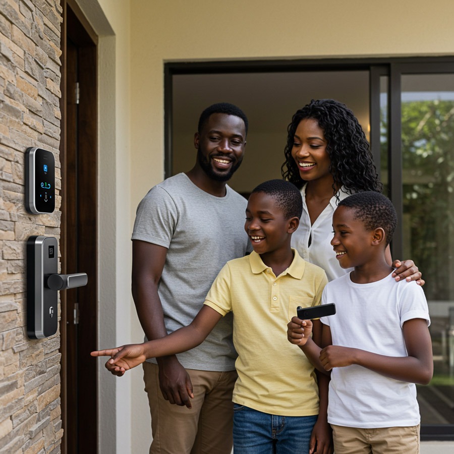 Family using a smart lock at their residential entrance