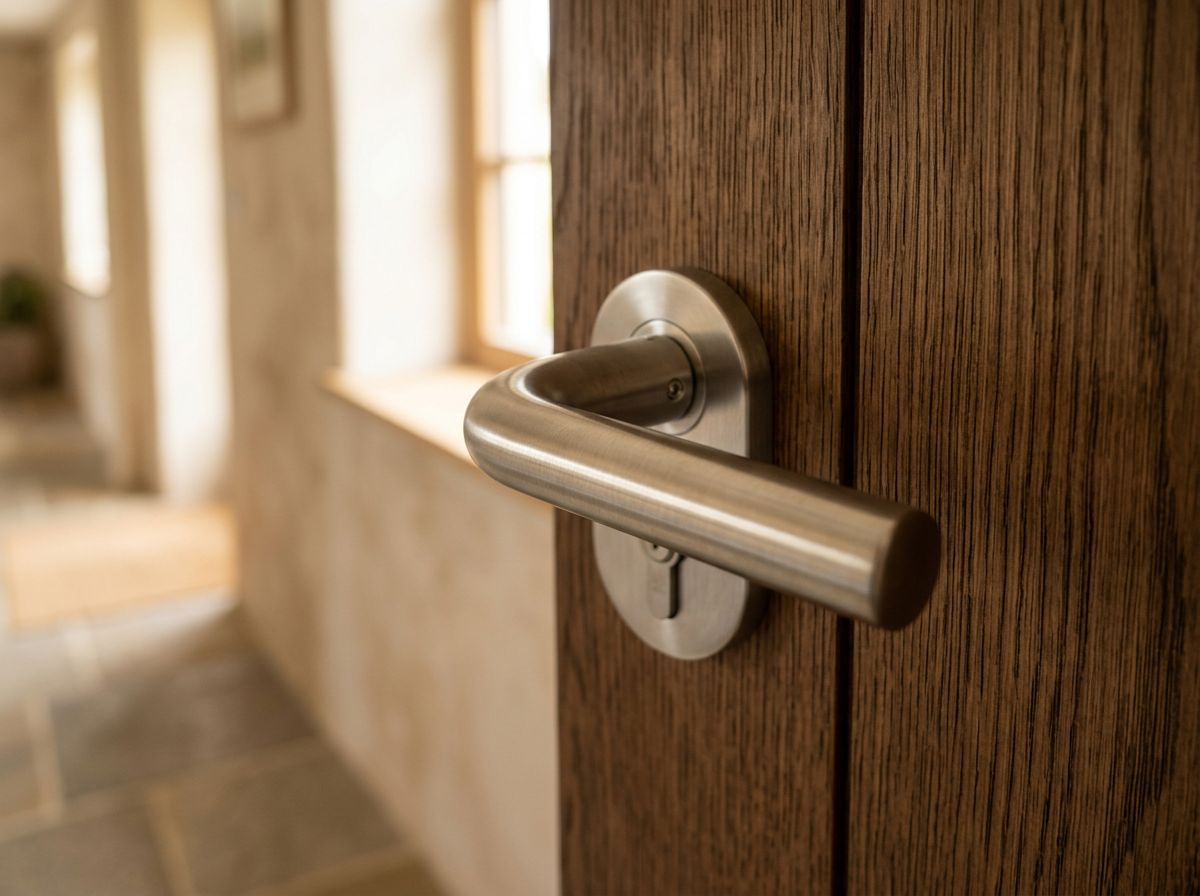 Brushed steel lever handle on a wooden door