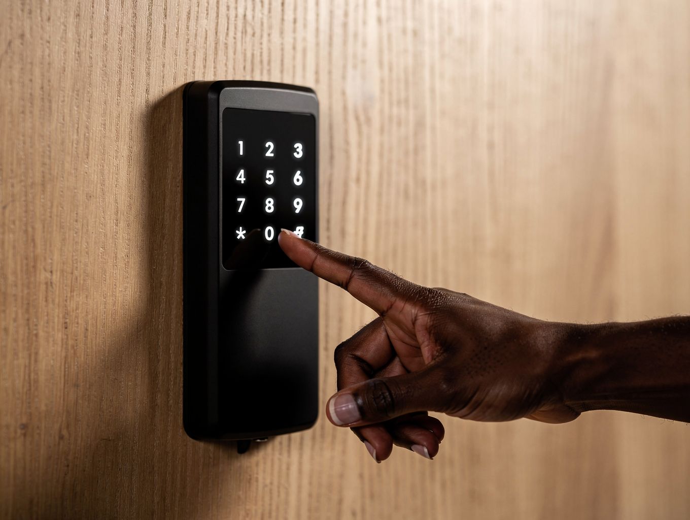 Keypad smart lock on a wooden door