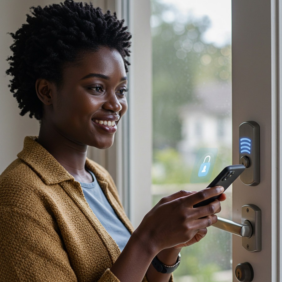 Person unlocking a door with a mobile credential on their phone