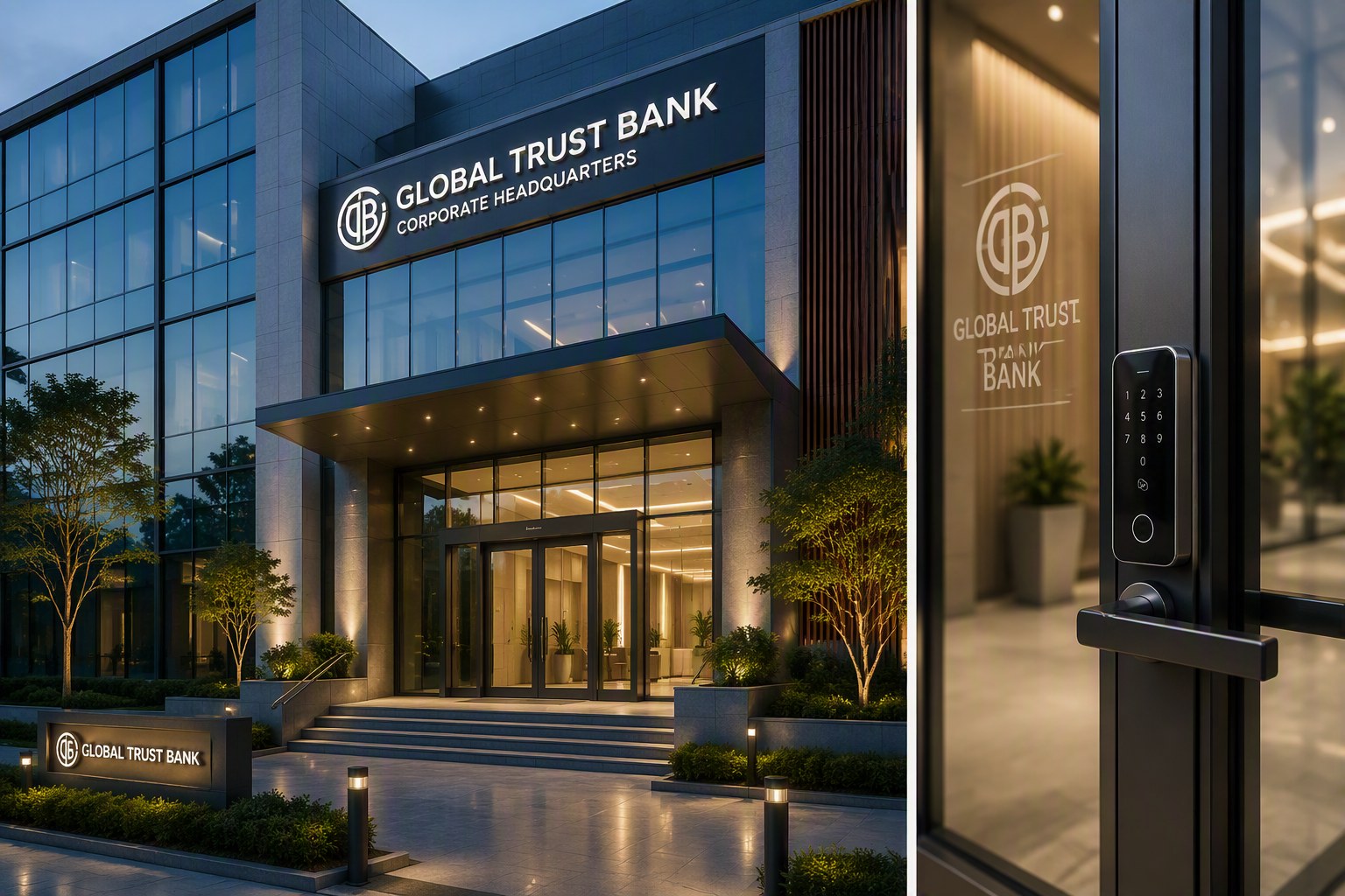 Global Trust Bank corporate headquarters entrance and biometric access keypad