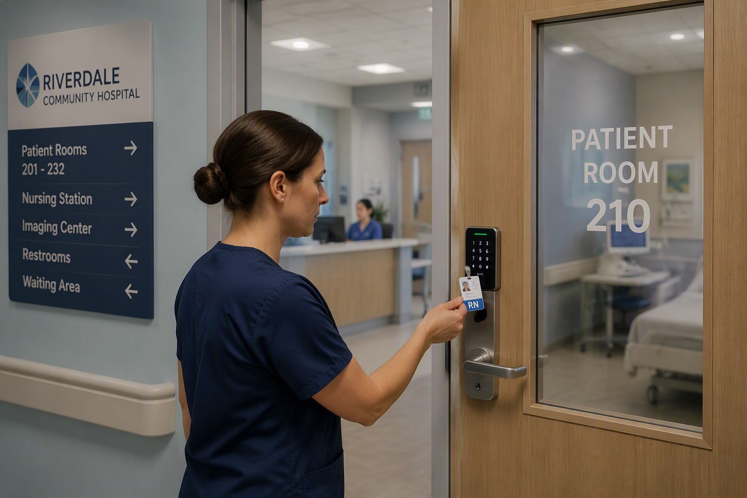 Nurse using an RFID badge to access a patient room at Riverdale Community Hospital