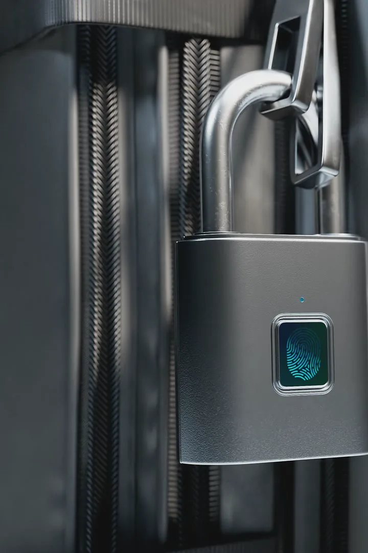 A hand turning a brushed steel lever handle above a thumb turn lock on a white door